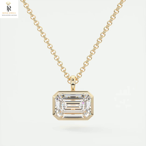 White Gold Plated 14K Yellow Gold Emerald Cut Moissanite Pendant <b>Necklace</b> with Bezel Set Link Chain for Women Wedding Jewelry - Product Image 1