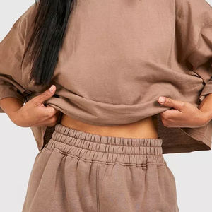 T-shirt court oversize en molleton 100 % coton de haute qualité pour femme, col rond, épaules tombantes, manches courtes, coupe ample, vêtement d'extérieur - Product Image 6