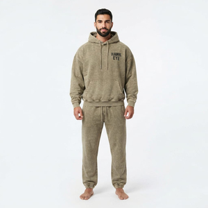 Ensemble de survêtement décontracté deux pièces pour homme, coupe oversize, délavé à l'acide, avec sweat à capuche à épaules tombantes et poche kangourou, et pantalon - Product Image 1