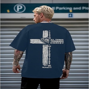 T-shirt décontracté à manches courtes en jersey respirant bleu marine pour homme avec imprimé croix et verset biblique Philippiens 4:13, col rond - Product Image 2