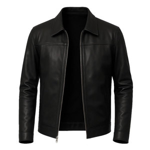 Blouson moto personnalisable en cuir véritable pour homme, col rond, fermeture éclair, coupe ample, longueur standard, idéal pour l'hiver - Product Image 1