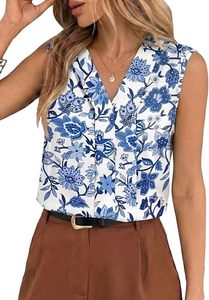 Camisetas sin mangas de verano para mujer, blusa de gasa con cuello en V y estampado floral - Product Image 1