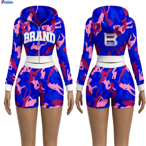 Conjunto Deportivo Corto de Verano para Mujer, Estilo Hip Hop, Color Rosa Camuflaje, 2 Piezas, Sudadera con Capucha y Pantalones Cortos, Manga Larga con Cierre, Ropa Deportiva Informal y Transpirable - Product Image 4