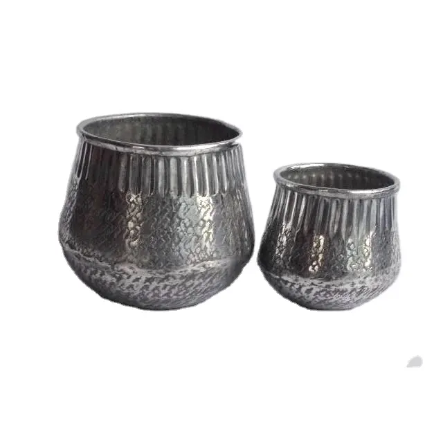 Vaso de flores de alumínio, vaso de plantas de metal prateado, martelado, decorativo, conjunto de 2 peças