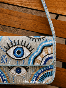 Bolso de Hombro con Solapa y Cuentas, Hecho a Mano, Duradero, Ligero, Ecológico, para Mujer, Diseño Bohemio con Patrón Geométrico y Ojo Azul, Correa Única - Product Image 5