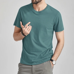 Camiseta de Cuello Redondo de Algodón Premium para Hombre, Azul Marino, Manga Corta, Corte Regular, Transpirable, Informal, Esencial para el Día a Día, Lisa - Product Image 6