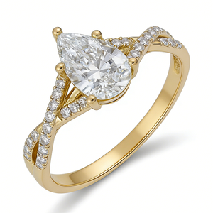 Bague de fiançailles de luxe en or jaune 14 carats avec diamant poire et diamants pavés latéraux, diamant de laboratoire, design à double sangle, certifiée GIA - Product Image 3