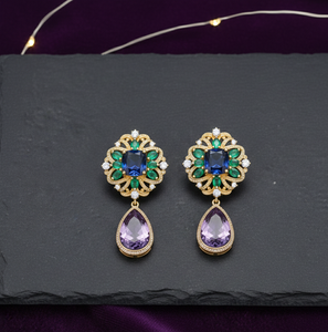 Boucles d'oreilles pendantes longues en argent sterling 925 plaqué or 18 carats, avec pierres rose taille coussin et bleu hydro, bijoux de caractère - Product Image 3