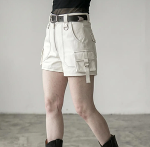 High Waisted <b>Cargo</b> Shorts With Zipper Fly And Pockets Moto Biker Style Women's Canvas Shorts - Product Image 4