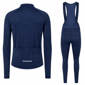 Conjunto de ciclismo térmico de manga larga para hombre, kit de ciclismo de carreras transpirable, pantalones con tirantes, ropa de ciclismo azul marino. - Product Image 2