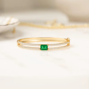 Emerald <b>Cuff</b> Bangle <b>Bracelet</b> 925 Sterling <b>Silver</b> 14K Gold Plated Gemstone Stacking Statement <b>Bracelet</b> Gift For Her - Product Image 1
