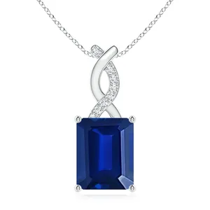 Pendentif en or pur 18 carats 8x6MM 1,5 carats avec saphir bleu et diamant entrelacé 0,04 carats, haute qualité, personnalisé, pour soirée - Product Image 1