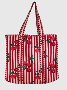 Sac fourre-tout en toile brodé cerises rayé rouge et blanc, sac de shopping pour femme à fermeture ouverte, toutes saisons - Product Image 1