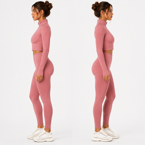 Conjunto de Yoga Personalizado para Mujer, Sin Costuras, Acanalado, Top Corto con Cierre y Manga Larga, Leggings de Cintura Alta, Ropa Deportiva para Gimnasio, OEM ODM - Product Image 2