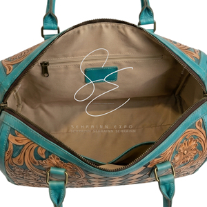 Bolso Boston de Cuero Turquesa con Diseño Western, Cierre de Cremallera, Estampado Floral Vintage, Bolso Speedy a Cuadros, Mini Bolso de Viaje - Product Image 5
