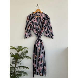 Printed <b>Animal</b> <b>Pattern</b> Breathable V-neck Belt Kimono Robe Maxi Length Loose Fit Long Sleeve 100% Cotton 300g <b>Knitted</b> Cover-Up - Product Image 1