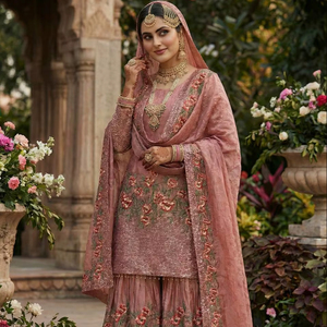 Ensemble Sharara traditionnel indien festif en pure soie Fendy avec broderies riches - Product Image 1
