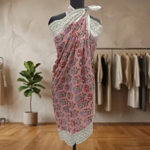 Pink Floral Hand Block Printed Cotton <b>Sarong</b> Scarf with Cream Border Lightweight Beach Wrap Stole for Women - Product Image 6