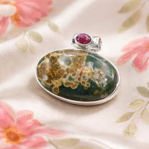 Pendentif en pierres précieuses naturelles Héliolite et Grenat, en Argent sterling 925 plaqué Or rose et Or jaune, ovale, bijou de guérison - Product Image 5