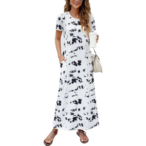 Vestido Largo Informal de Verano para Mujer, Estampado Tropical, Manga Corta, Cuello Redondo, Poliéster - Product Image 2