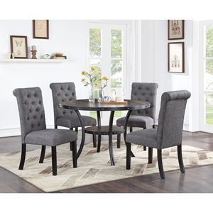 Modern Classic <b>Dining</b> Room Set Natural Wood <b>Dining</b> <b>Table</b> with 4 Tufted Side Chairs Charcoal Fabric Roll Back <b>Top</b> Chair - Product Image 1