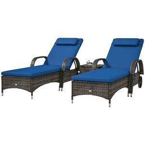 Set di 2 Chaise Longue da Esterno in Vimini con Tavolino, Cuscini Blu, Poggiatesta, Telaio in Alluminio, Schienale Regolabile, Ruote, Materiale PE - Product Image 1