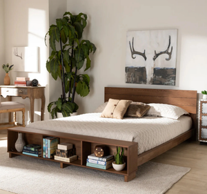 Chocolate Upholstered King <b>Bed</b> <b>Frame</b> Wood <b>Platform</b> with Open Storage Shelf Apartment-Friendly Minimalist Bedroom Furniture - Product Image 1