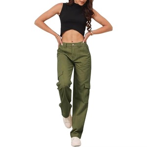 Pantalon cargo taille haute pour femme, vert uni, en toile, coupe ample, longueur intégrale, style streetwear décontracté, avec plusieurs poches - Product Image 4