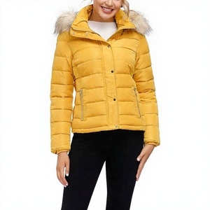 Women's Yellow Quilted Puffer Jacket With <b>Fur</b> <b>Trim</b> Hood And Zipper Pockets Winter Coat Full Sleeve Regular Length - Product Image 6