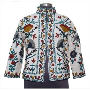 Handmade <b>White</b> Suzani Embroidery Women's Short Coat Elegant Winter Wear Design with Washed TNT Fabric Winter <b>Jacket</b> - Product Image 6