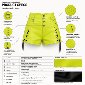 Custom Women's High Waist Leather Micro Shorts 380GSM Lambskin <b>Stretch</b> Leather Neon Green Snap-Button Sustainable Wide-Leg - Product Image 5