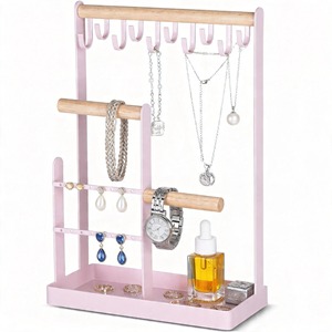 Organisateur de bijoux en bois avec barres métalliques noires pour boucles d'oreilles et bagues, support de présentation - Product Image 2