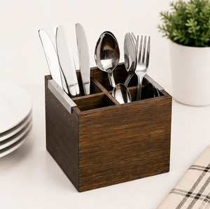 Handcrafted 4-Compartment Wooden Cutlery Holder And Silverware <b>Caddy</b> Rustic Mango Wood <b>Kitchen</b> Utensil Organizer For Home Table - Product Image 3