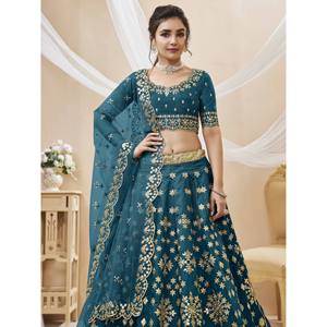 Robe de cocktail bleu classique brodée en soie, taille plus, Lehenga Choli - Product Image 4