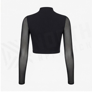 Haut court à col roulé à manches longues avec empiècements en maille transparente, dos nageur, noir uni, en Spandex et Polyester, pour le yoga et les vêtements de sport pour femmes - Product Image 2