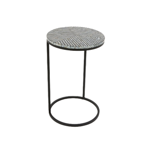 Contemporary Black and White Capiz <b>C</b>-<b>Shaped</b> Side <b>Table</b> Unique Striped Mosaic Pattern Natural Shell Inlaid Capiz <b>Table</b> For Interi - Product Image 1