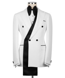 Blazer de smoking blanc croisé pour homme avec revers en satin noir – Veste de costume de créateur pour mariage et soirée - Product Image 1