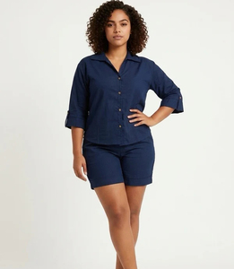 <b>Women's</b> <b>Navy</b> Blue Oxford One Piece Romper Turn-down Collar Three Quarter Sleeve Casual Spring Summer Wear - Product Image 2