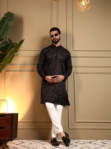 <b>Men</b> Black Glitter Silk <b>Kurta</b> Pajama Set Regular Fit Traditional Indian Pakistani Knee-Length Wrinkle Free Wedding Wear - Product Image 2