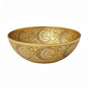 Tazón de Metal Dorado de Lujo con Grabado de Luna y Estrella Árabes, Tazón Decorativo para Servir y como Centro de Mesa - Product Image 1
