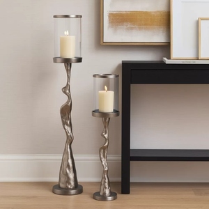 Elegant design Set of 2 cast aluminum and <b>glass</b> hurricane candle holders tall decorative candle stand offer customizations - Product Image 5