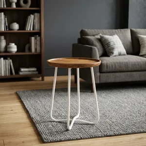 Mesa Auxiliar Redonda Moderna con Tapa de Madera y Patas de Metal Blancas, Diseño Minimalista para Sala de Estar - Product Image 6