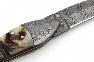 Couteau utilitaire pliant artisanal en acier Damas, à lame droite en forme de poisson, avec manche incrusté d'os, pour DIY et OEM - Product Image 6