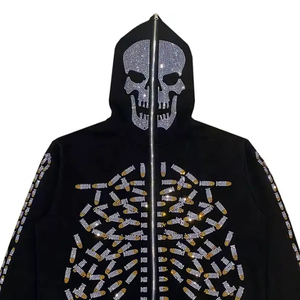 Sweat-shirt à capuche noir pour homme, design crâne en strass, style hip-hop surdimensionné avec fermeture éclair, vêtement d'automne - Product Image 4