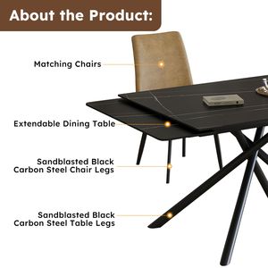 Tavolo da pranzo rettangolare moderno Set di piani in pietra sinterizzata retrattile nero in acciaio al carbonio gambe a croce struttura comprende 4 sedie - Product Image 6