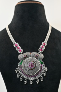 Luxury <b>Oxidized</b> Silver Rani Haar Necklace Women Traditional Indian Ethnic Long Natural Stone Antique Statement Engagement Gift - Product Image 3
