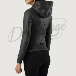 Premium Genuine Leather Hooded <b>Jacket</b> for Women Slim Fit Soft <b>Sheepskin</b> Black Leather Bomber <b>Jacket</b> With Ribbed Cuffs - Product Image 3