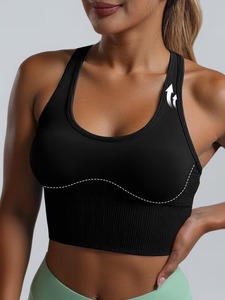 Women High Support Scoop <b>Neck</b> Racerback Sports Bra with Front Logo Eco Friendly Lightweight Removable <b>Pads</b> for Yoga Gym Workout - Product Image 1