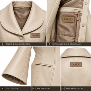 Manteau long pour femme en cuir beige crème, sur mesure, avec col châle large et manches évasées, style trench-coat. - Product Image 6