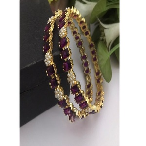 Fashionable Gold Plated Amethyst And Stone Look <b>Bangle</b> Bracelets <b>Set</b> For Women Classic Style Party Jewelry - Product Image 1